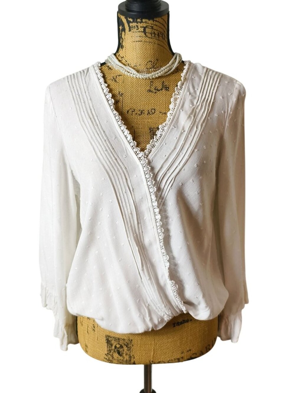 Francesca L White Blouse Long Sleeve Swiss Dot Wrap Crochet Lace Trim Fairy Chic